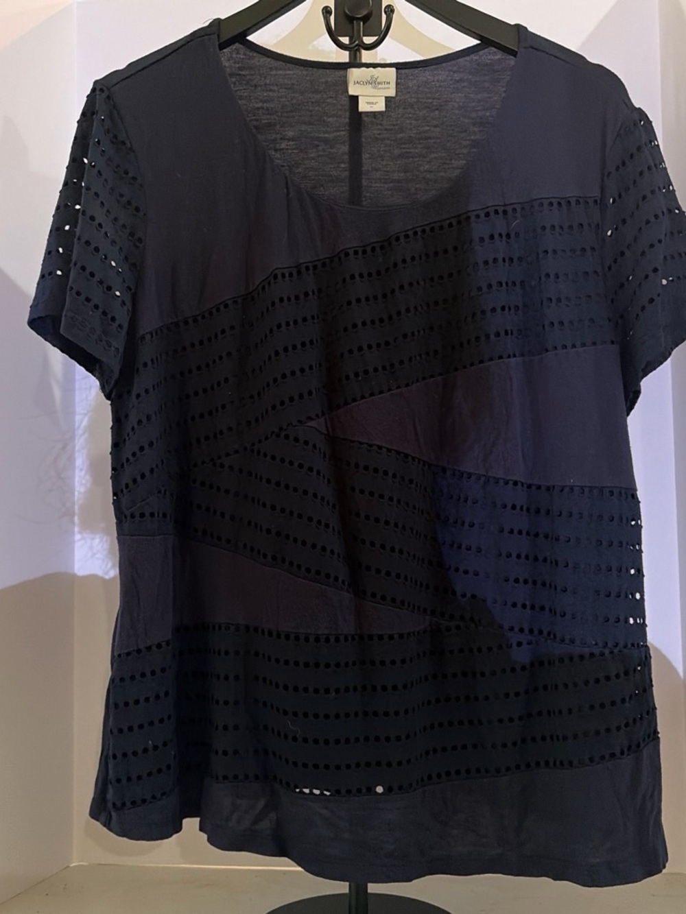Jaclyn Smith Navy Short-Sleeve Eyelet Panel Top